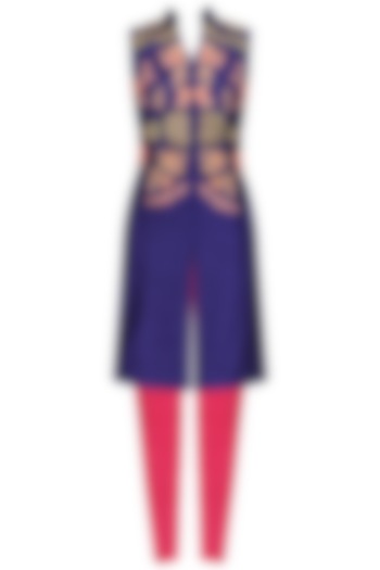 Blue Embroidered Long Jacket and Pink Fitted Pants Set by Aharin India