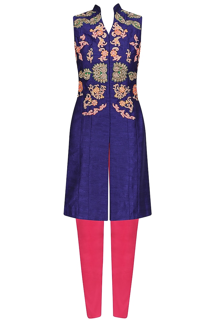 Blue Embroidered Long Jacket and Pink Fitted Pants Set by Aharin India
