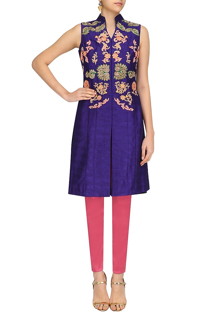 Blue embroidered long jacket and pink fitted pants set available only at Pernia's Pop Up Shop.