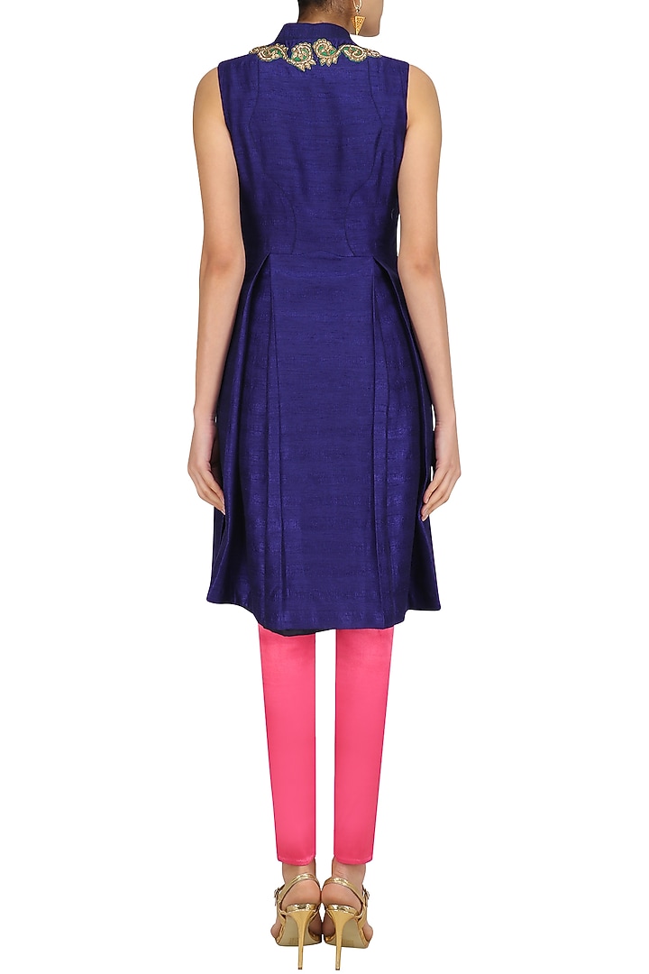 Blue embroidered long jacket and pink fitted pants set available only at Pernia's Pop Up Shop.