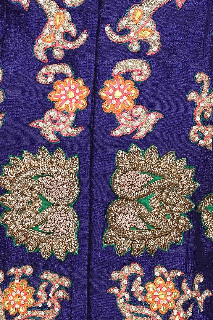 Blue embroidered long jacket and pink fitted pants set available only at Pernia's Pop Up Shop.