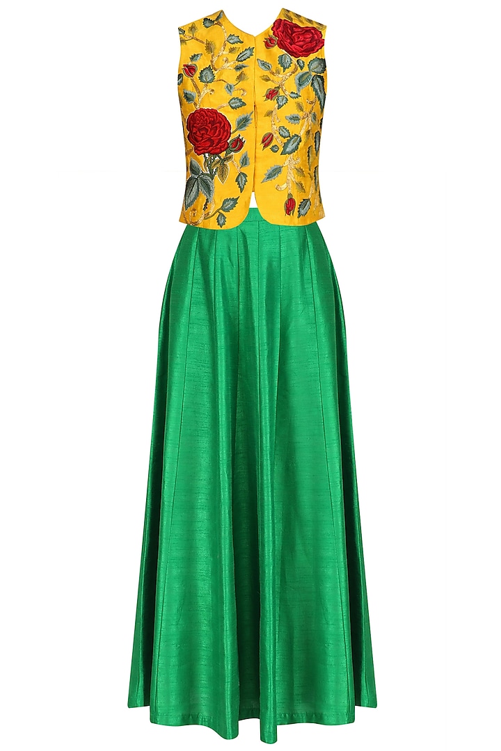 Yellow Rose Embroidered Jacket and Green Skirt Set by Aharin India