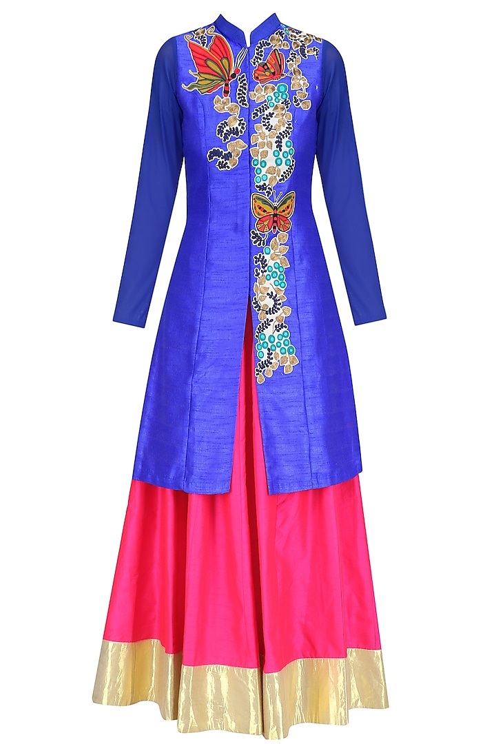 Blue Butterfly Embroidered Long Jacket and Pink Skirt Set by Aharin India