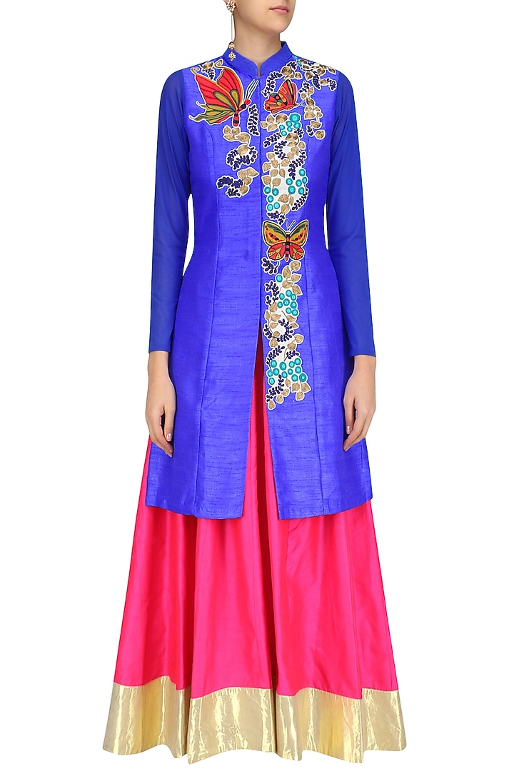 Blue butterfly embroidered long jacket and pink skirt set available only at Pernia's Pop Up Shop.