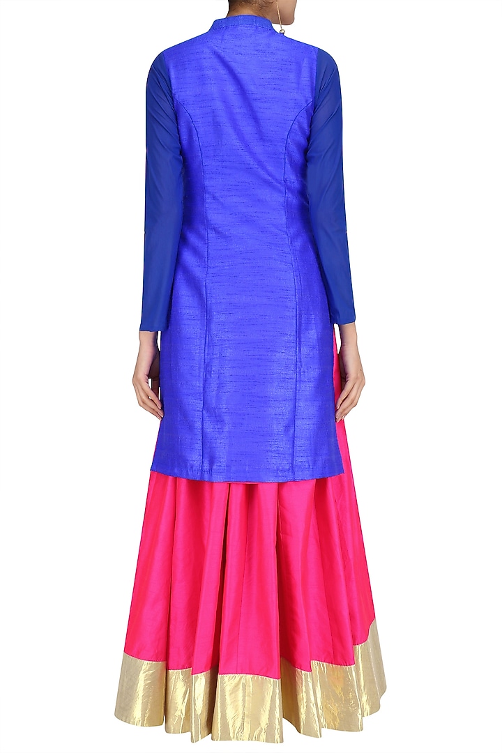 Blue butterfly embroidered long jacket and pink skirt set available only at Pernia's Pop Up Shop.