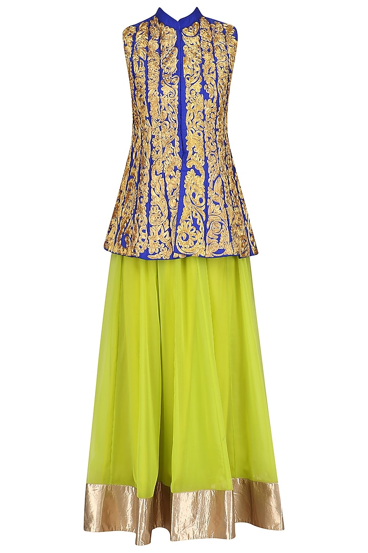 Blue Floral Embroidered Jacket and Green Skirt Set by Aharin India