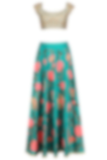 Turquoise Blue Floral Work Lehenga Skirt with Gold Blouse by Aharin India