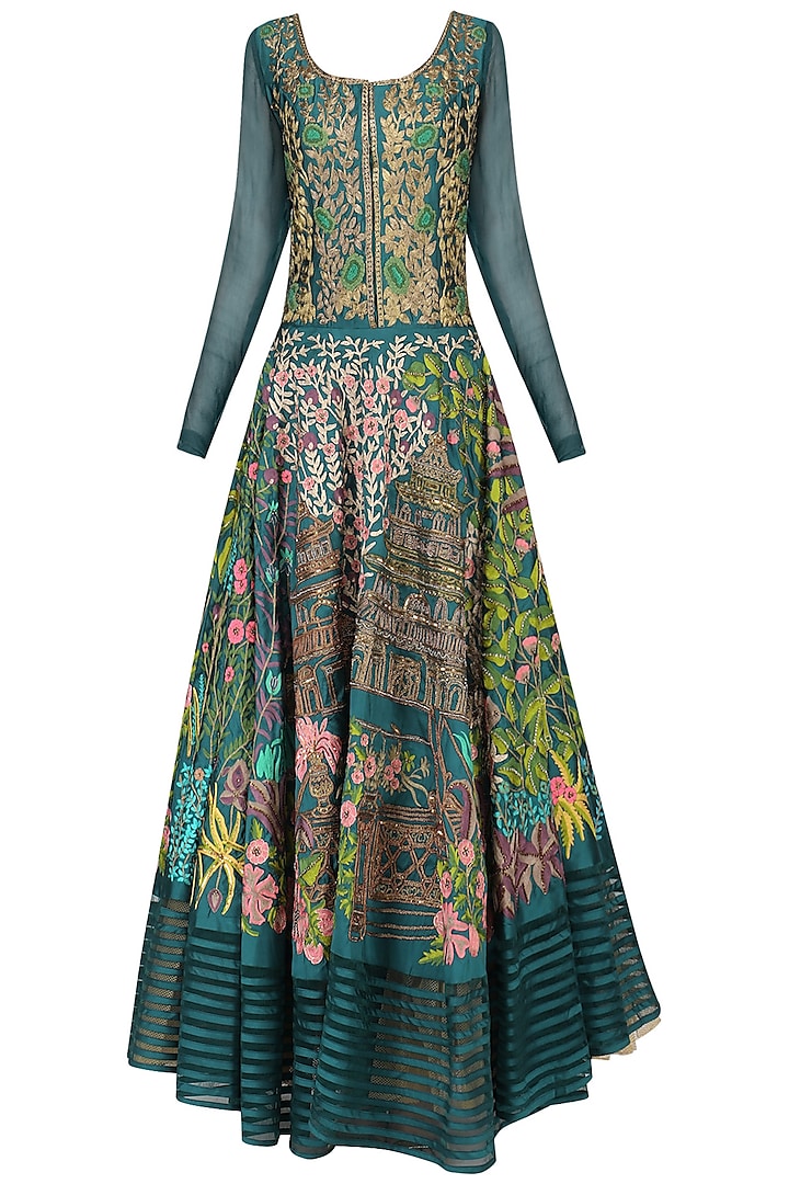 Teal floral embroidered anarkali available only at Pernia's Pop Up Shop ...