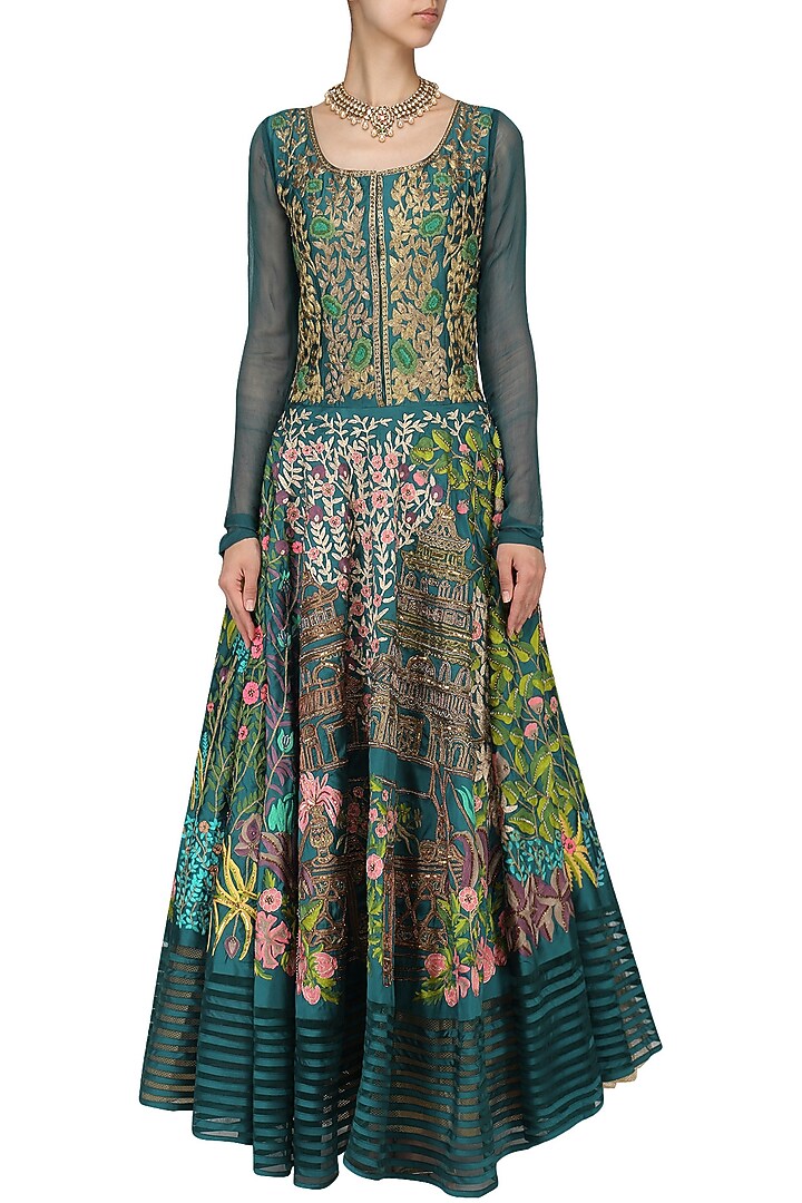 Teal floral embroidered anarkali available only at Pernia's Pop Up Shop.