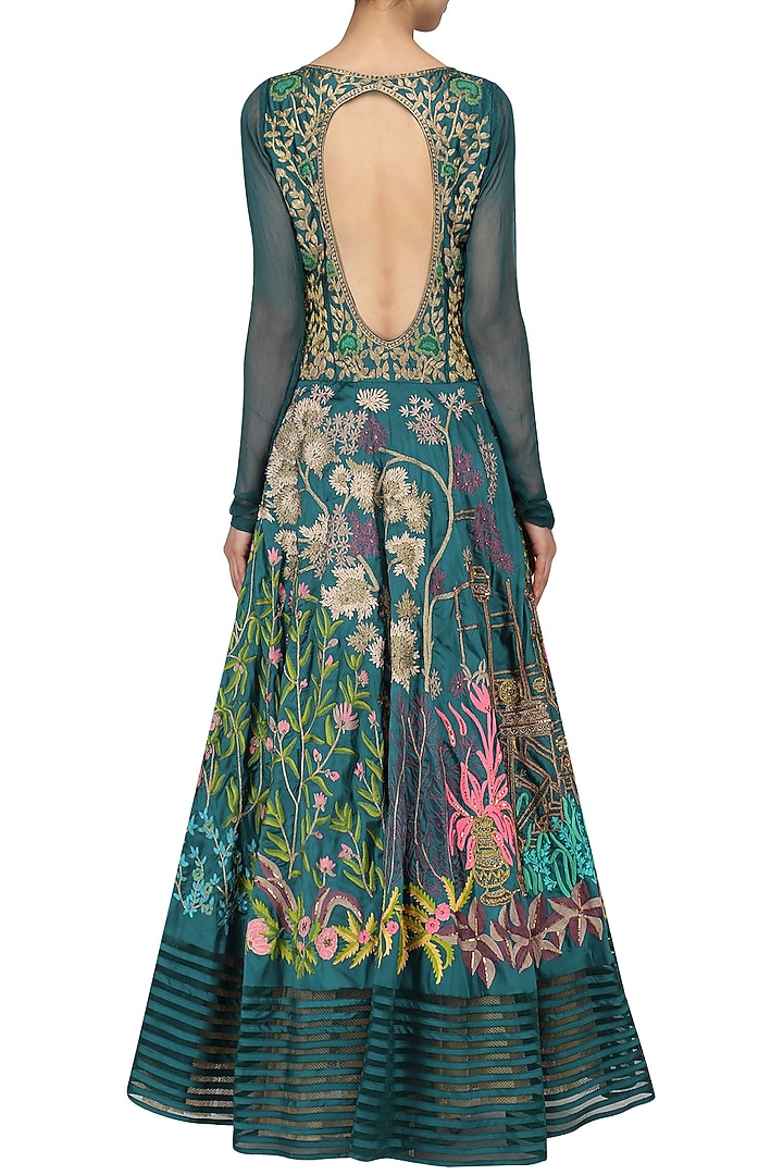 Teal floral embroidered anarkali available only at Pernia's Pop Up Shop.