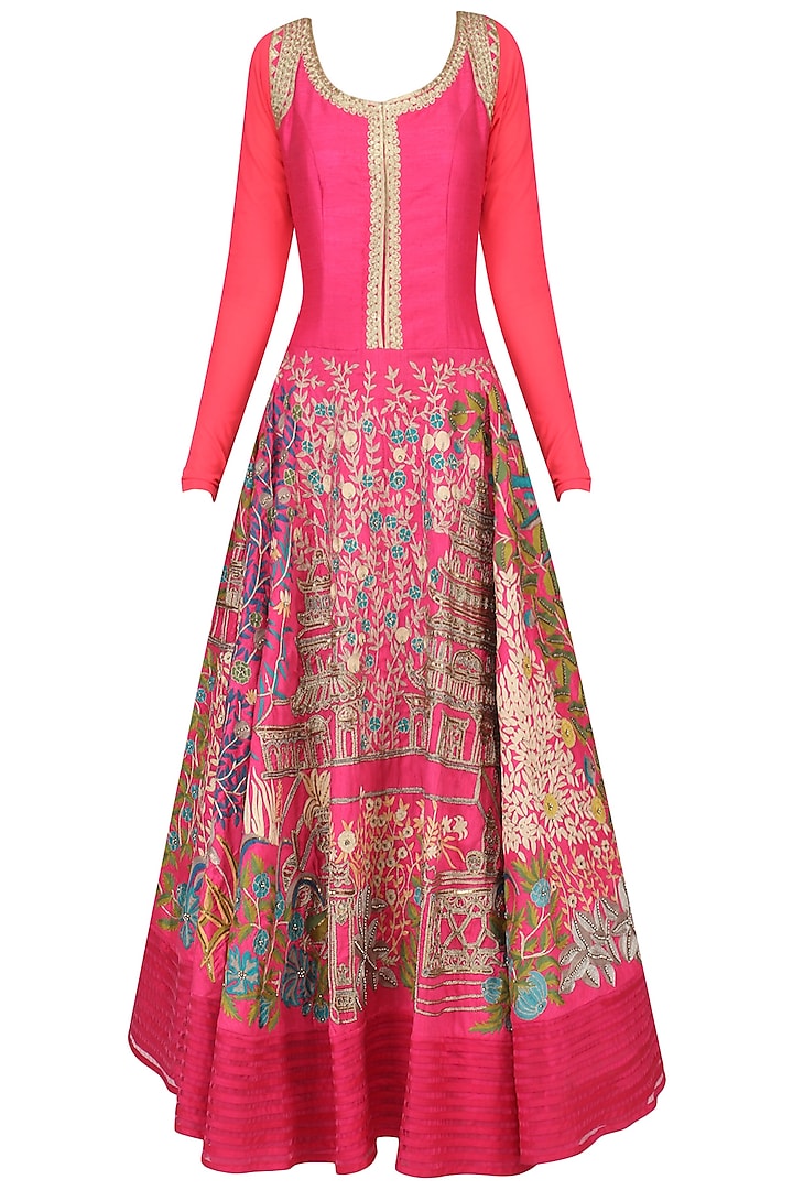 Fuschia Floral Embroidered Anarkali by Aharin India