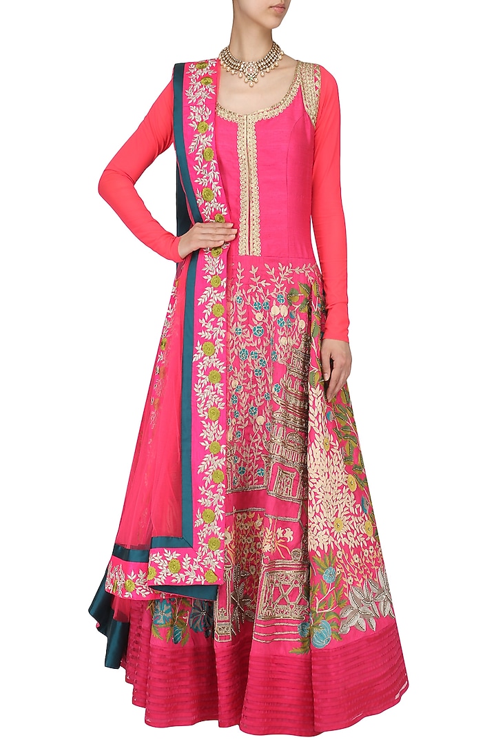 Fuschia floral embroidered anarkali available only at Pernia's Pop Up Shop.