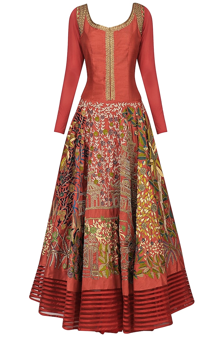 Maroon Floral Embroidered Anarkali by Aharin India
