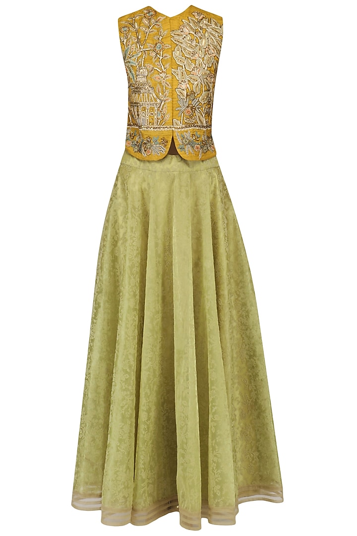 Mustard Yellow Embroidered Cropped Jacket With Lime Green Skirt by Aharin India