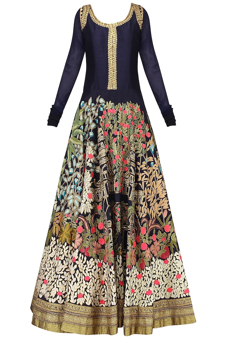 Navy Floral Embroidered Floor Length Gown by Aharin India