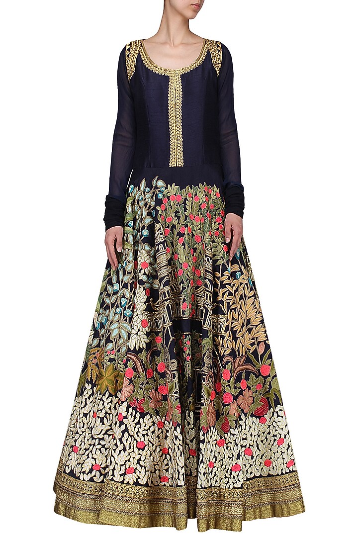 Navy floral embroidered floor length gown available only at Pernia's Pop Up Shop.