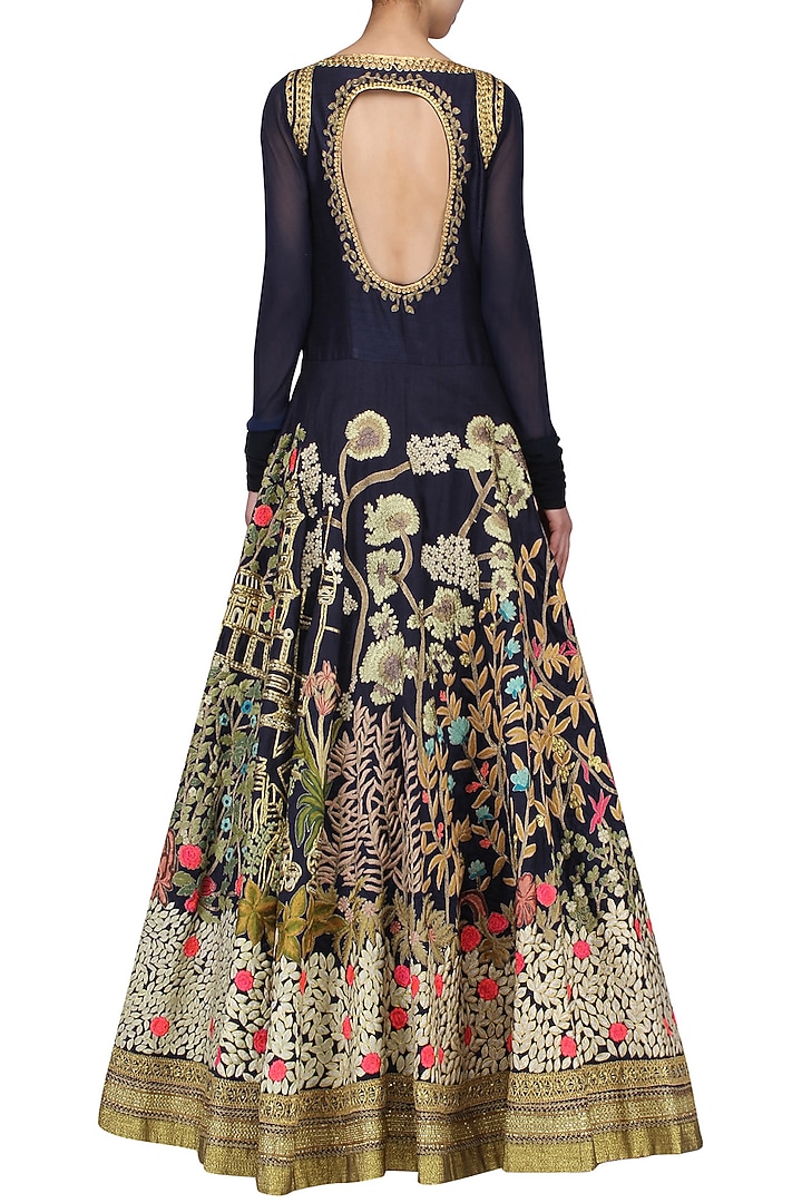 Navy Floor-Length Gown with Embroidery & Sequins