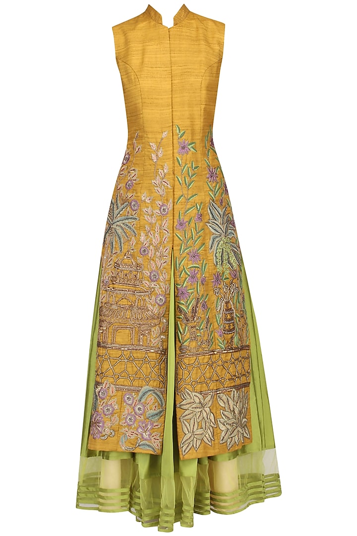 Mustard Yellow Embroidered Jacket With Lime Green Skirt by Aharin India