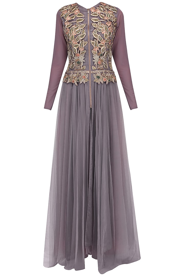Purple Floral Embroidered Gown by Aharin India