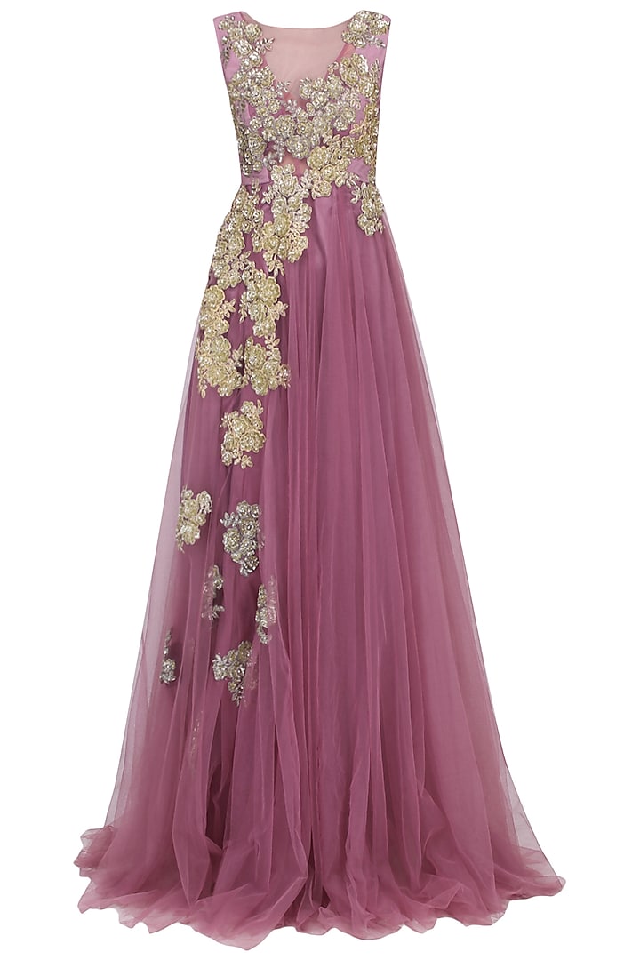 Onion Pink Floral Motif Gown by Aharin India
