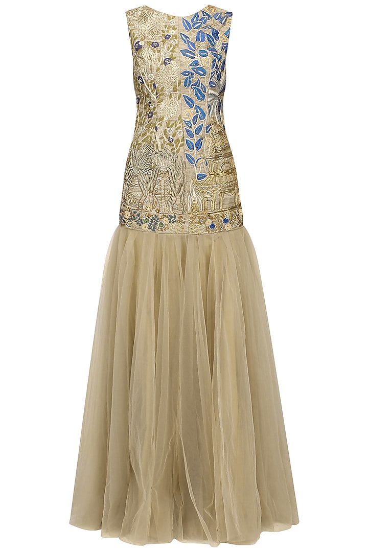 Gold And Blue Floral Embroidered Gown by Aharin India