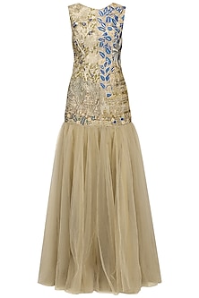 Gold and blue floral embroidered gown available only at Pernia's Pop Up ...