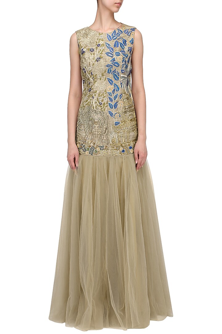 Gold and blue floral embroidered gown available only at Pernia's Pop Up Shop.