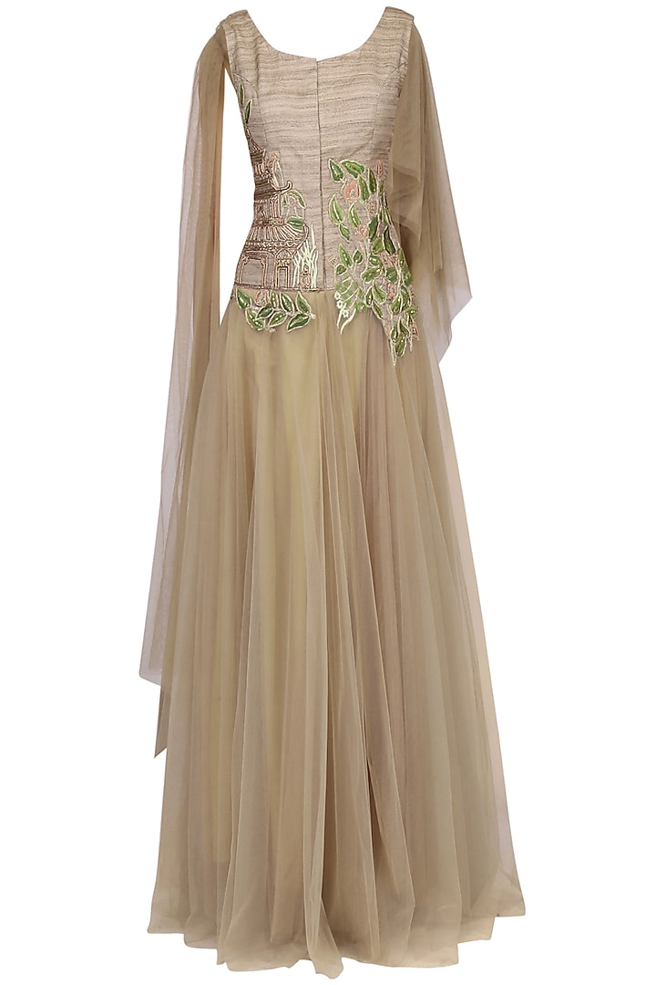 Gold Floral Embroidered Drape Gown by Aharin India