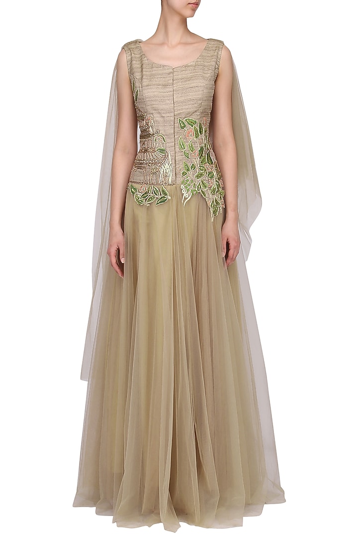 Gold floral embroidered drape gown available only at Pernia's Pop Up Shop.