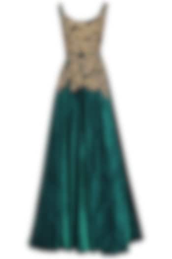 Teal And Gold Floral Embroidered Gown by Aharin India
