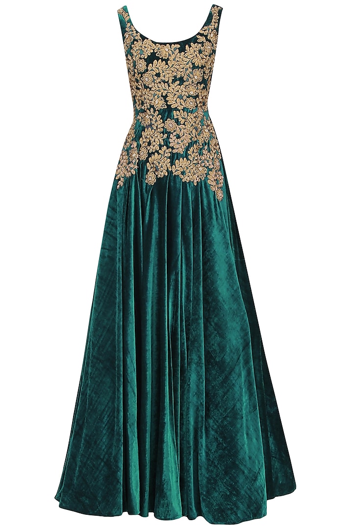 Teal And Gold Floral Embroidered Gown by Aharin India