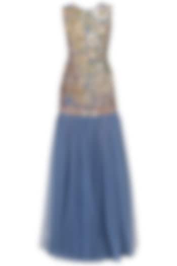 Slate Blue Floral Embroidered Gown by Aharin India