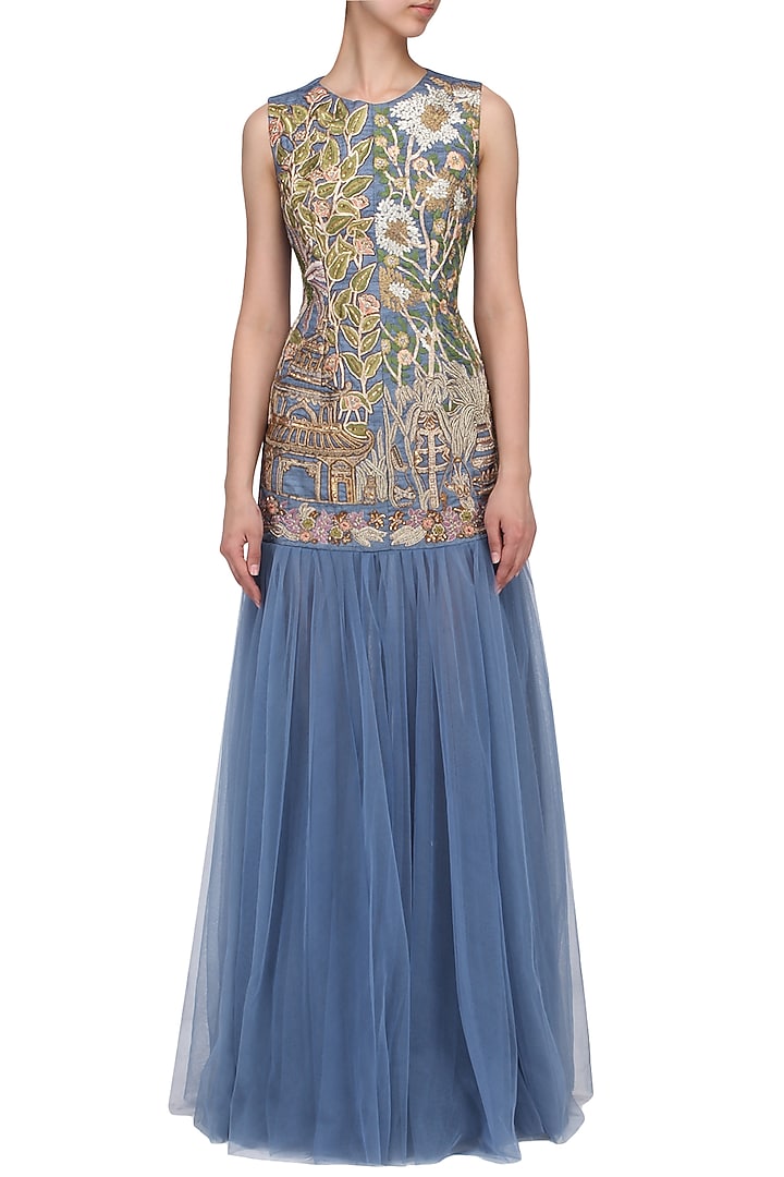 Slate blue floral embroidered gownavailable only at Pernia's Pop Up Shop.