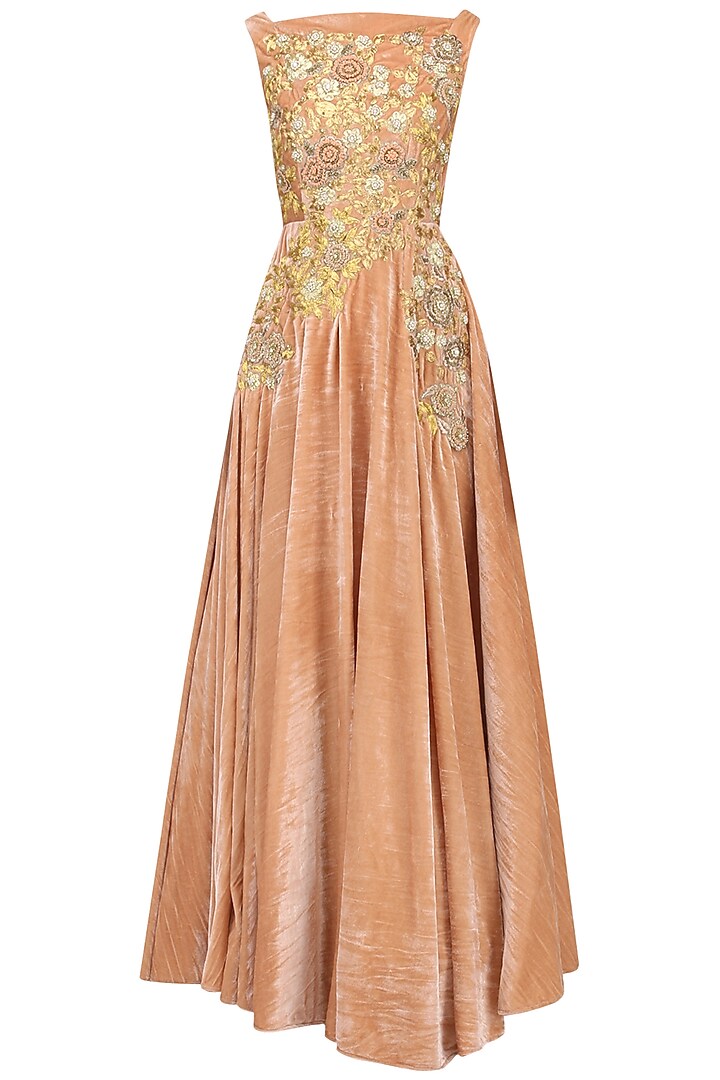 Peach And Gold Flower Embroidered Gown by Aharin India