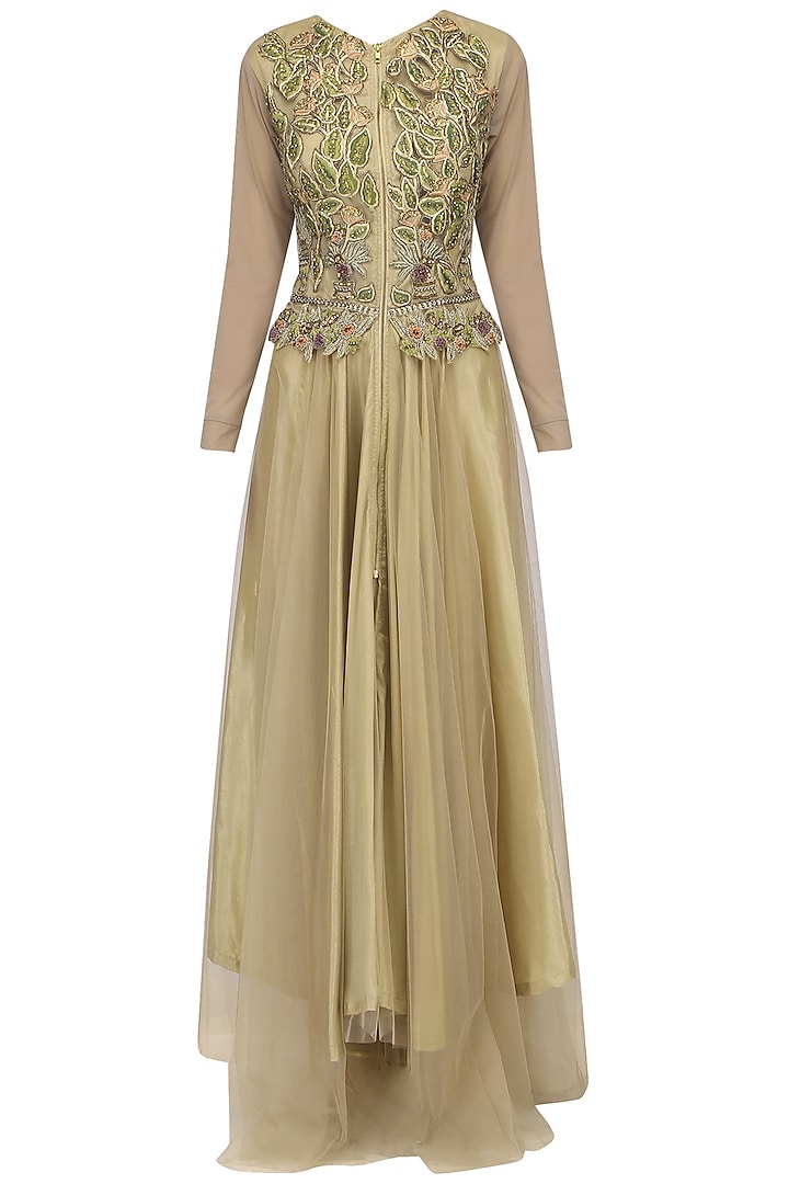 Gold Flora And Fauna Embroidered Gown by Aharin India