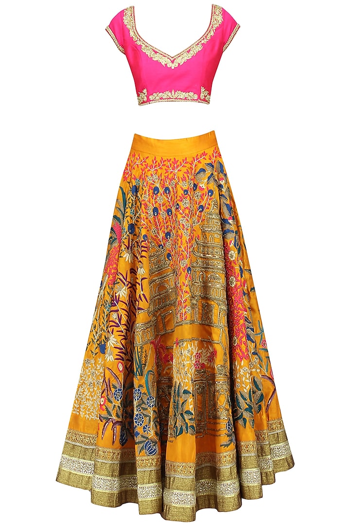 Pink And Yellow Floral And Temple Embroidered Lehenga Set by Aharin India