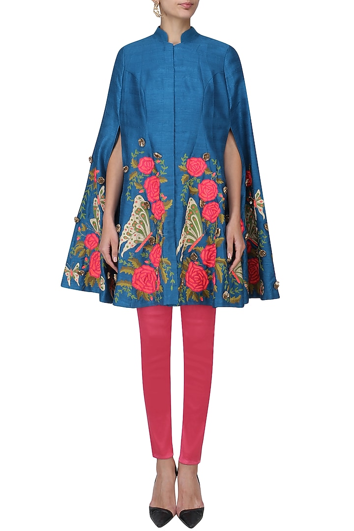 Teal embroidered cape with pink fitted pants available only at Pernia's Pop Up Shop.