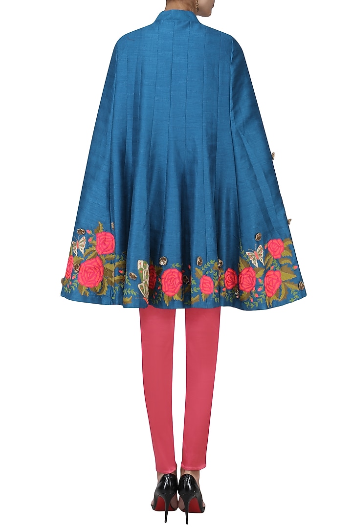 Teal embroidered cape with pink fitted pants available only at Pernia's Pop Up Shop.
