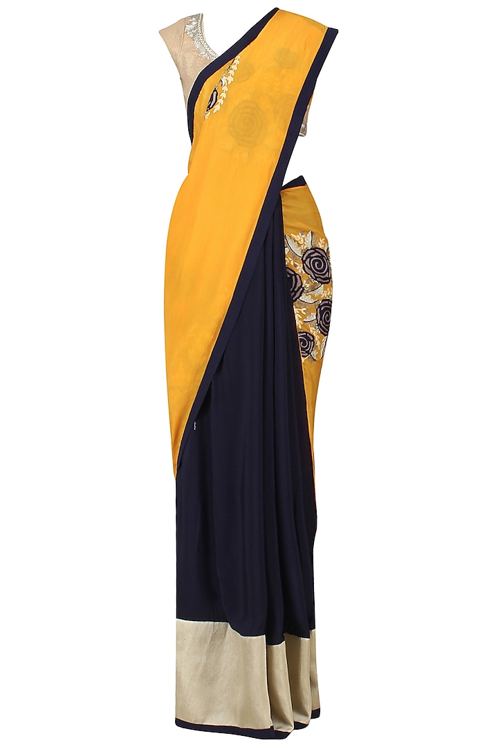 Navy and Yellow Embroidered Saree with Gold Blouse by Aharin India
