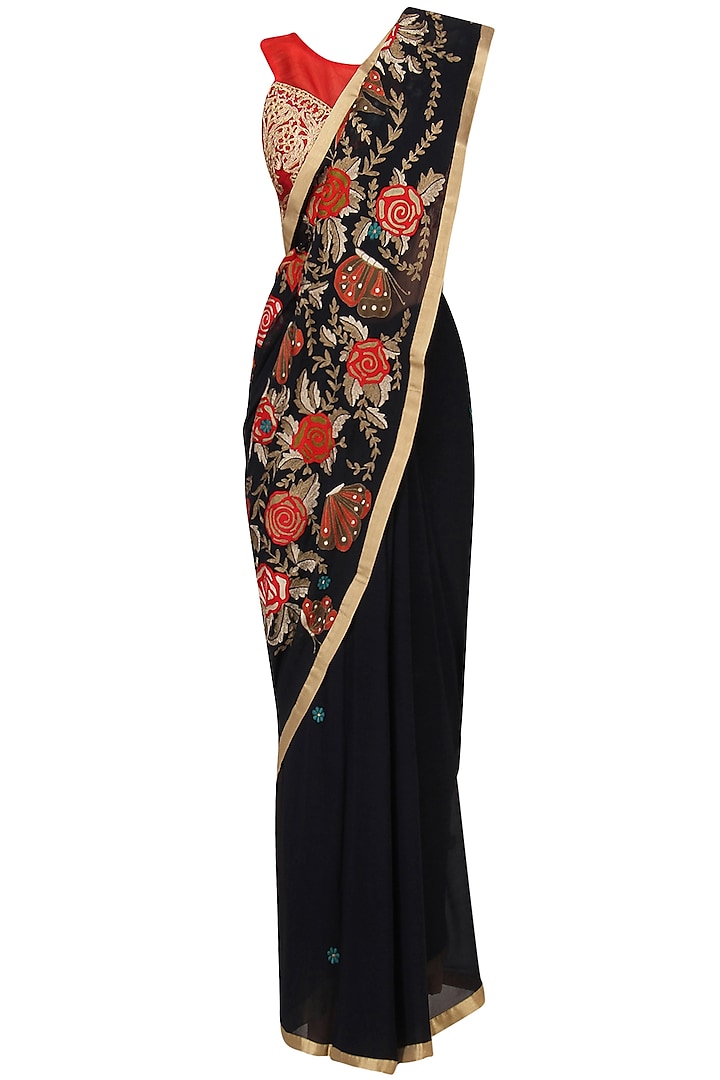 Navy Embroidered Saree with Red Blouse by Aharin India