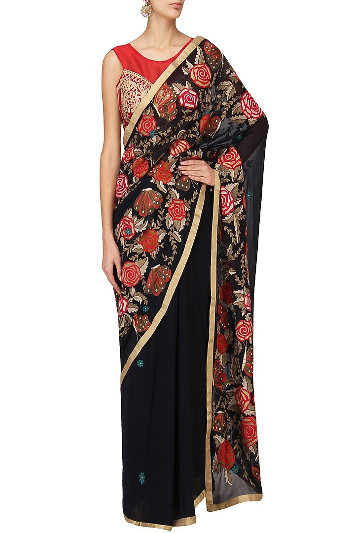 Navy embroidered saree with red blouse available only at Pernia's Pop Up Shop.