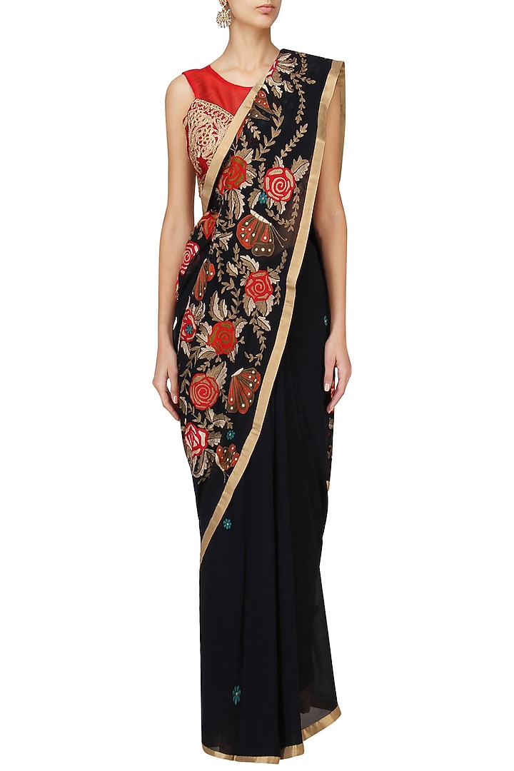 Navy embroidered saree with red blouse available only at Pernia's Pop Up Shop.