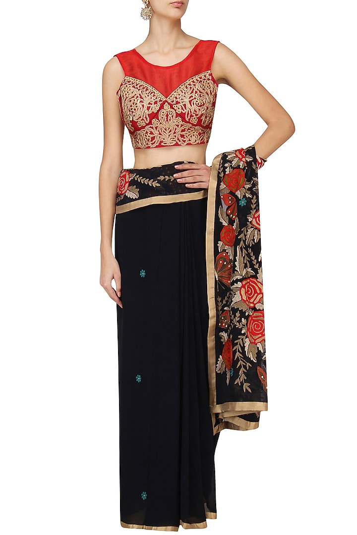 Navy embroidered saree with red blouse available only at Pernia's Pop Up Shop.