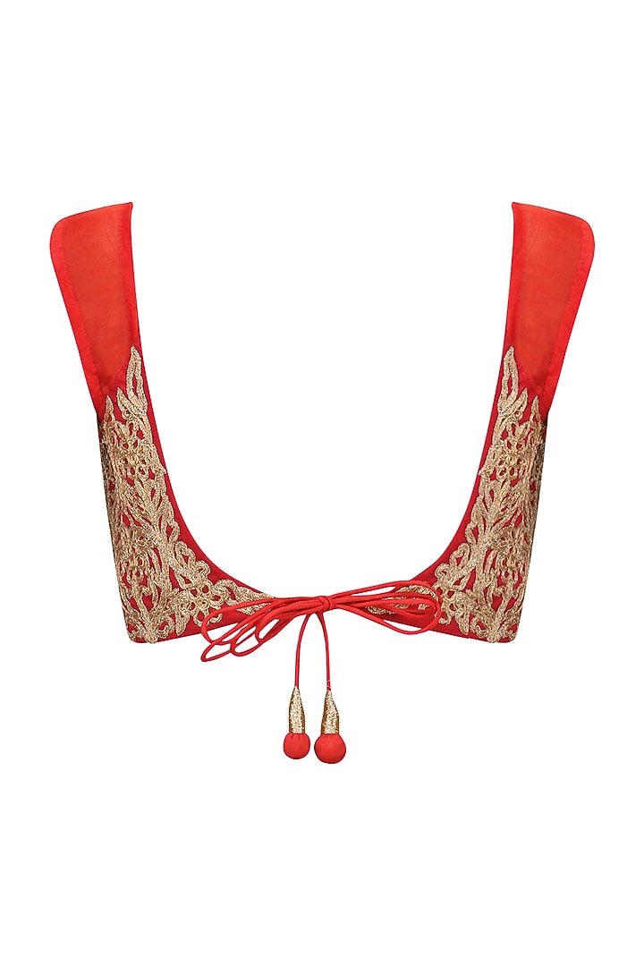 Navy embroidered saree with red blouse available only at Pernia's Pop Up Shop.