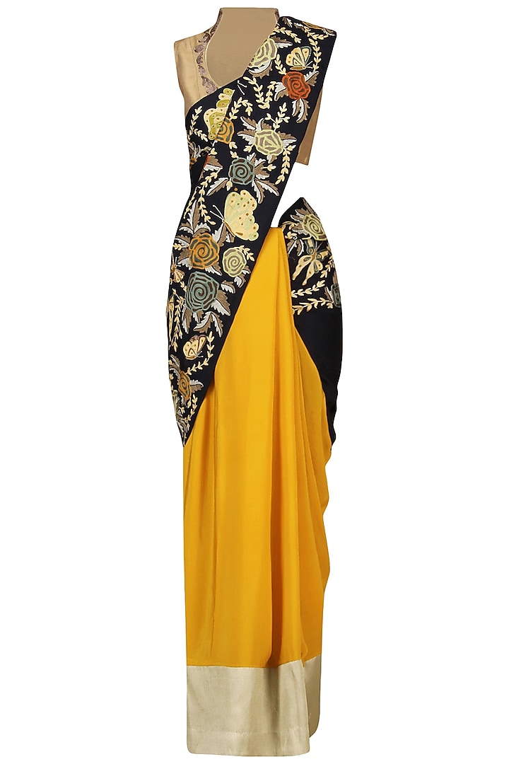 Yellow and Navy Embroidered Saree with Gold Blouse by Aharin India