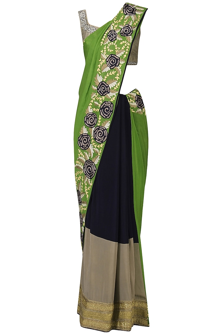 Navy and Green Embroidered Saree with Grey Blouse by Aharin India