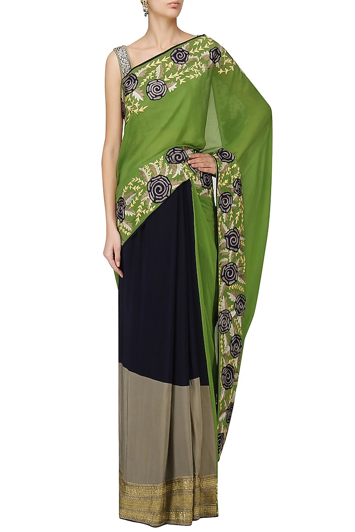 Navy and green embroidered saree with grey blouse available only at Pernia's Pop Up Shop.