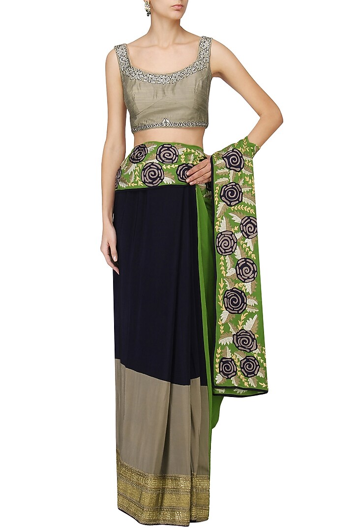 Navy and green embroidered saree with grey blouse available only at Pernia's Pop Up Shop.