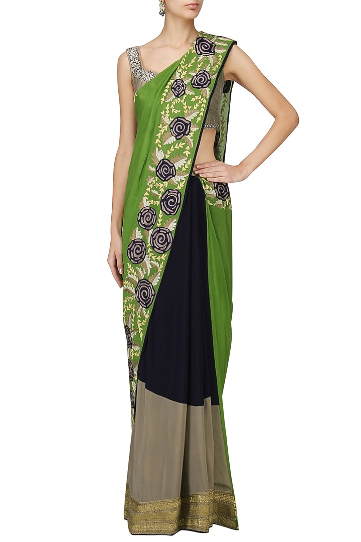 Navy and green embroidered saree with grey blouse available only at Pernia's Pop Up Shop.