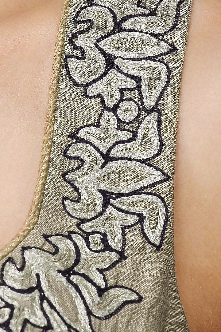 Navy and green embroidered saree with grey blouse available only at Pernia's Pop Up Shop.